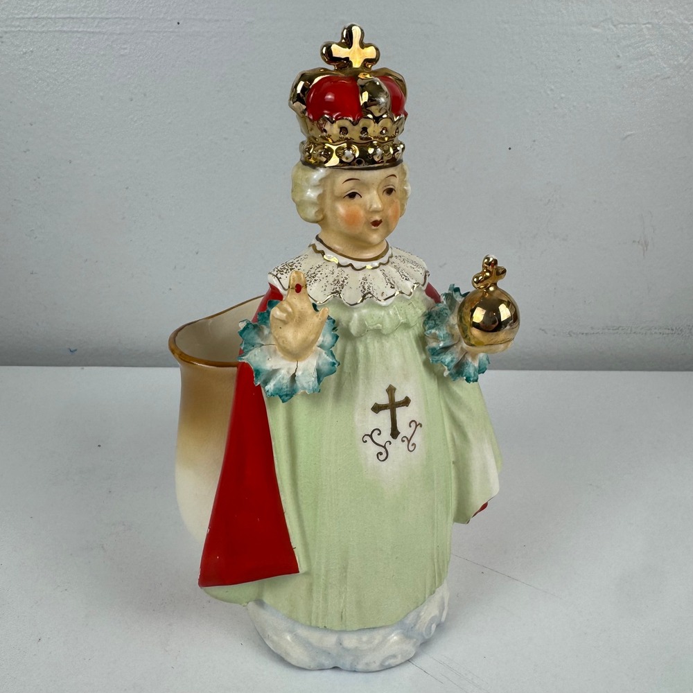 Vtg Infant Jesus of Prague‎ Ceramic Planter Religious Figurine Gold Crown